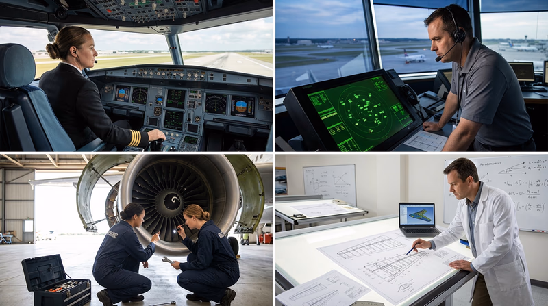 A collage showing four aviation professionals at work: a pilot in a cockpit, an air traffic controller at a radar screen, a mechanic inspecting an engine, and an engineer reviewing blueprints of an aircraft wing