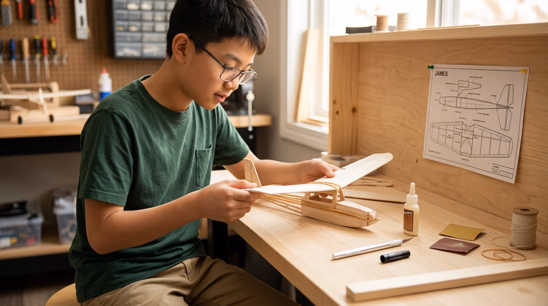 A Scout at a workbench assembling a balsa wood rubber-band airplane, with the fuselage partially built and the propeller and rubber band visible alongside building tools