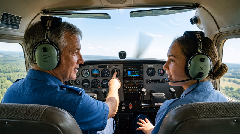 A Civil Air Patrol cadet seated in the right seat of a Cessna with a CAP senior member pilot in the left seat, both wearing CAP uniforms and headsets
