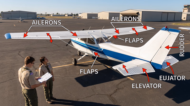 A three-quarter view of a single-engine airplane with each control surface clearly labeled: ailerons on the wings, elevator on the horizontal tail, and rudder on the vertical tail, with arrows showing the direction each surface moves