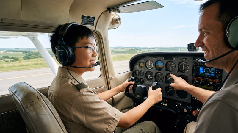 A young Scout seated in the left seat of a Cessna cockpit with a flight instructor in the right seat, both wearing headsets, with the runway visible through the windshield