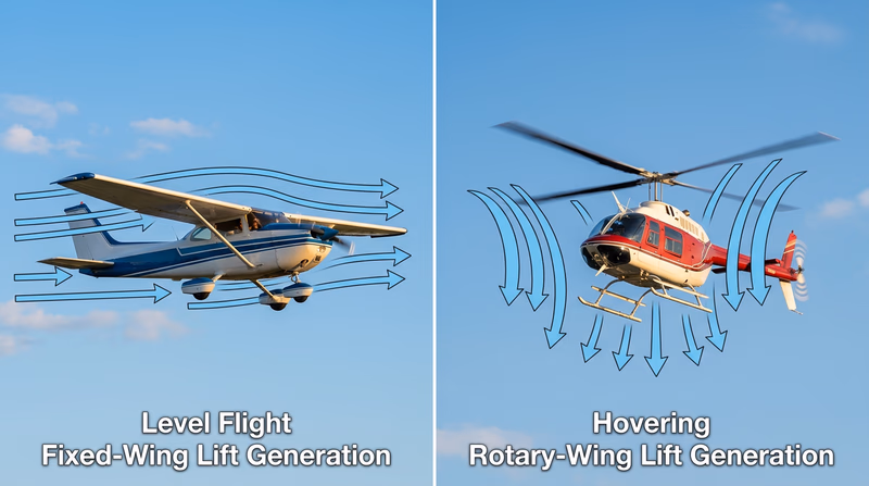 A side-by-side comparison showing a fixed-wing Cessna in level flight on the left and a helicopter hovering on the right, with arrows indicating the direction of airflow over their respective wings