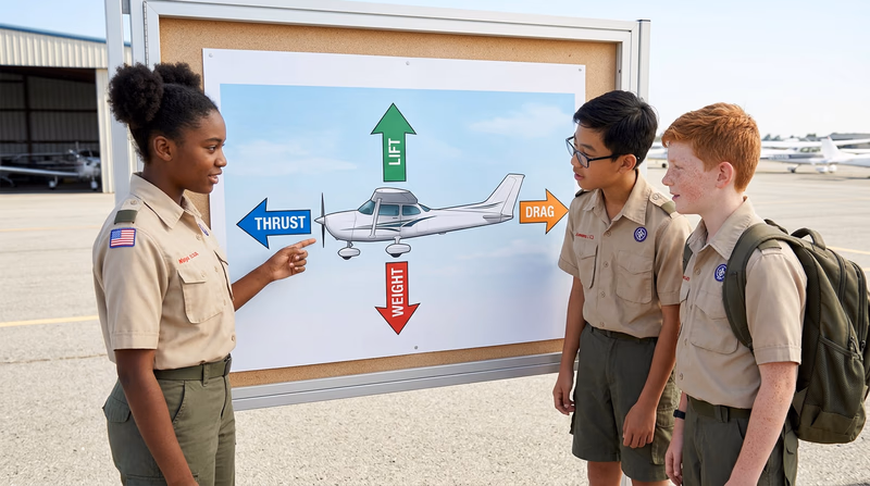 A model airplane in level flight with four clearly labeled arrows: Lift pointing up from the wings, Weight pointing down from the center, Thrust pointing forward from the engine, and Drag pointing backward