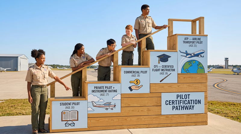 A visual ladder or staircase showing the progression from Student Pilot at the bottom to ATP at the top, with each certificate level labeled and the minimum age and hours shown