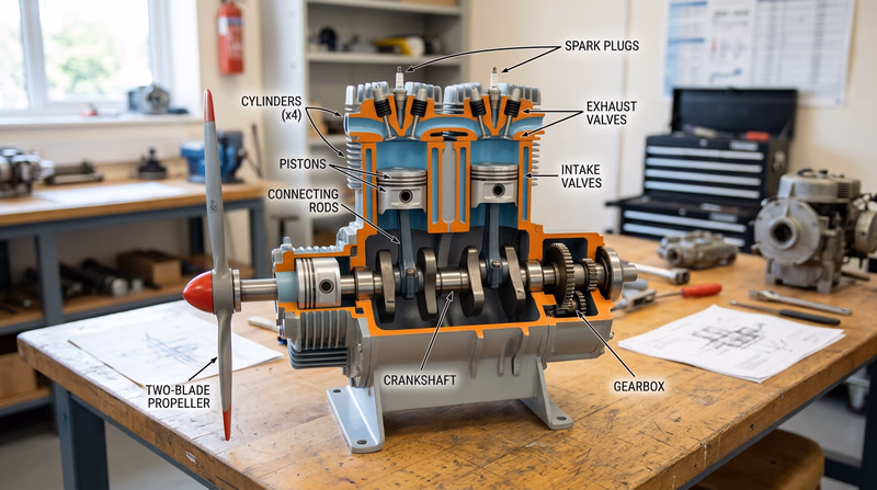 A simplified cutaway diagram of a four-cylinder aircraft piston engine showing the pistons, crankshaft, and propeller connection, with labels for each major component