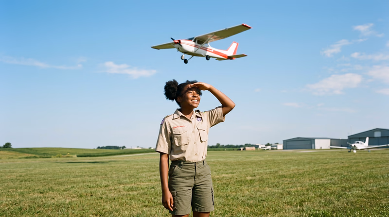 A Scout shielding their eyes and looking up at a small single-engine airplane flying overhead against a blue sky