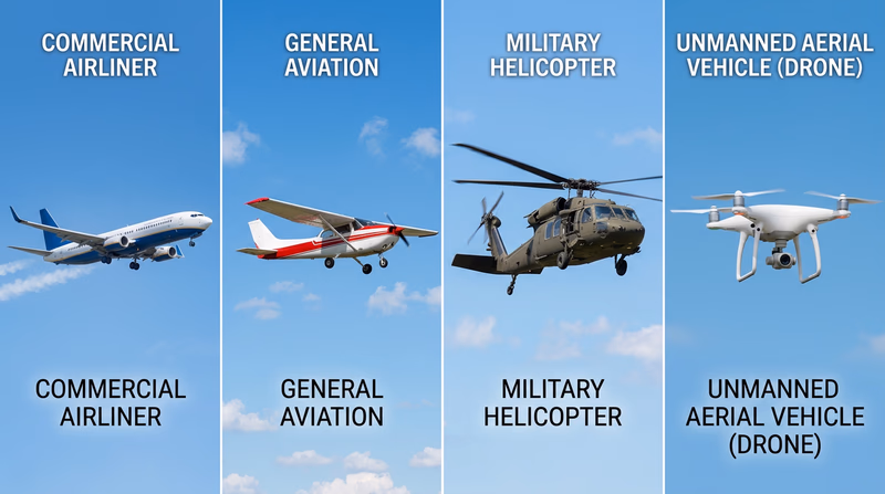 A lineup showing different types of aircraft side by side: a commercial jetliner, a small single-engine Cessna, a military helicopter, and a quadcopter drone