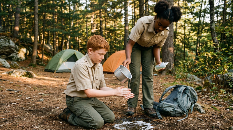 A Scout using a small bottle of biodegradable soap and water from a pot to wash their hands at a backcountry campsite, well away from a stream