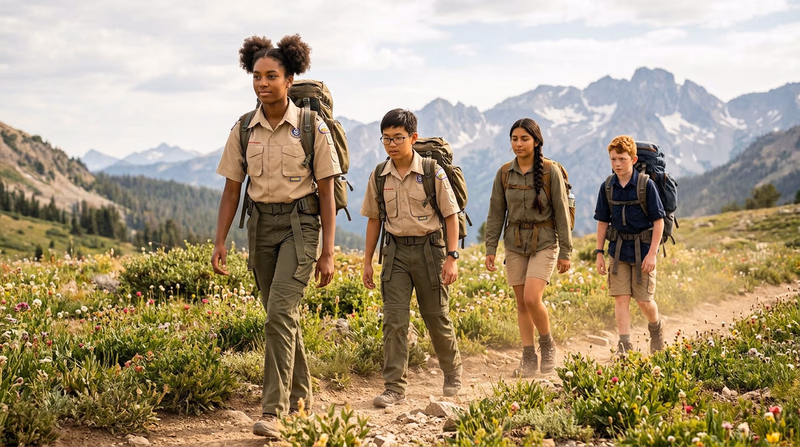 A small crew of Scouts hiking along a mountain trail with fully loaded backpacks, wildflowers along the trail, and mountain peaks in the distance