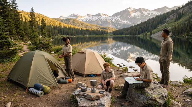 A backpacking base camp set up near a mountain lake with tents, a cooking area, and mountain peaks in the background