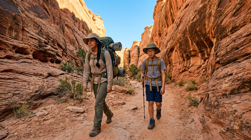 Scouts hiking through a red rock desert canyon with tall sandstone walls and blue sky above