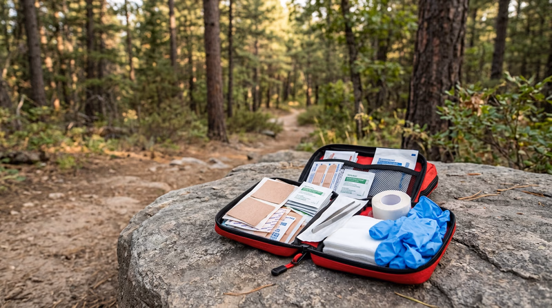 An open backpacking first-aid kit laid out on a flat rock showing bandages, moleskin, tweezers, and antiseptic wipes