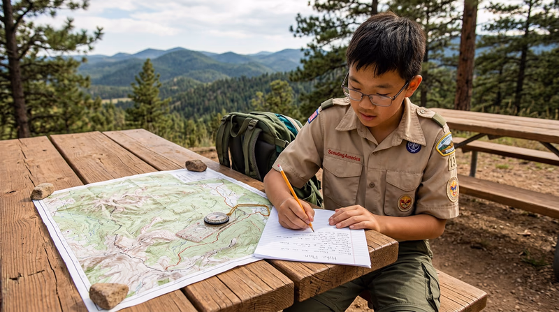 A Scout sitting at a picnic table writing a hike plan on paper, with a topographic map spread out beside them