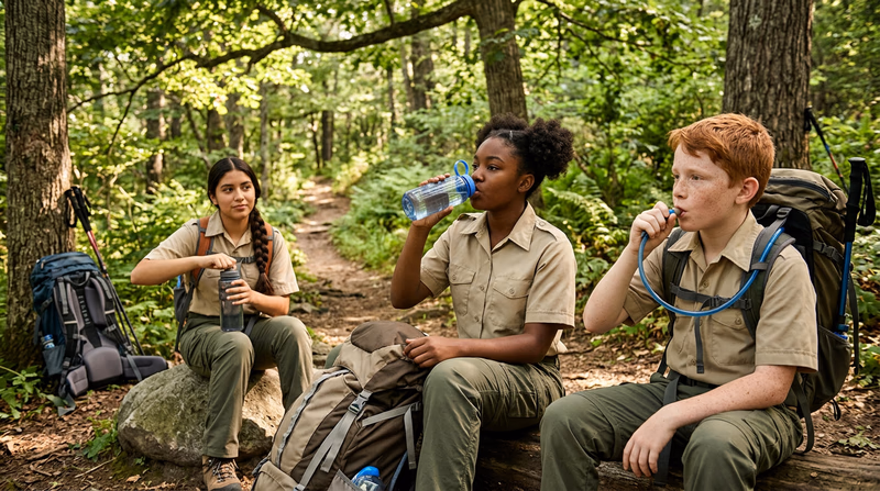 Scouts taking a hydration break in the shade of trees along a trail, drinking from water bottles
