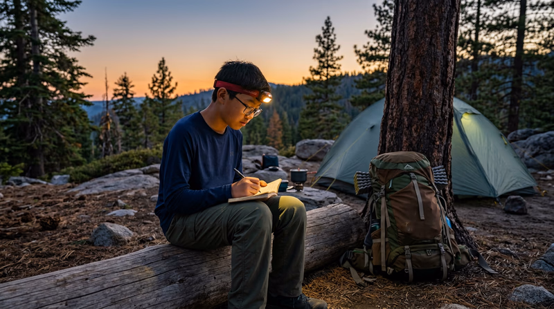 A Scout writing in a small journal by the light of a headlamp at a backcountry campsite in the evening