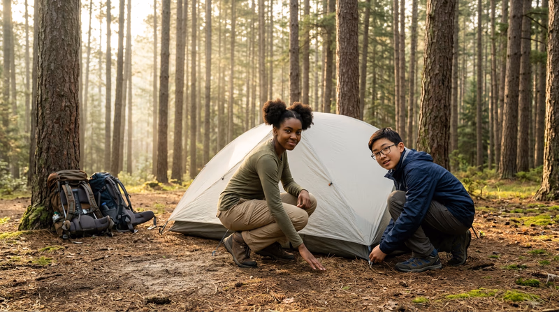 A pristine backcountry campsite with no visible impact — no litter, no fire scars, tent pitched on durable ground