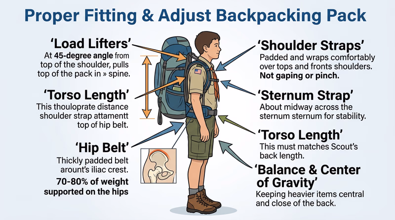 A diagram of a Scout wearing a backpack from the side, with labeled arrows pointing to the hip belt, shoulder straps, load lifters, sternum strap, and proper positioning on the body
