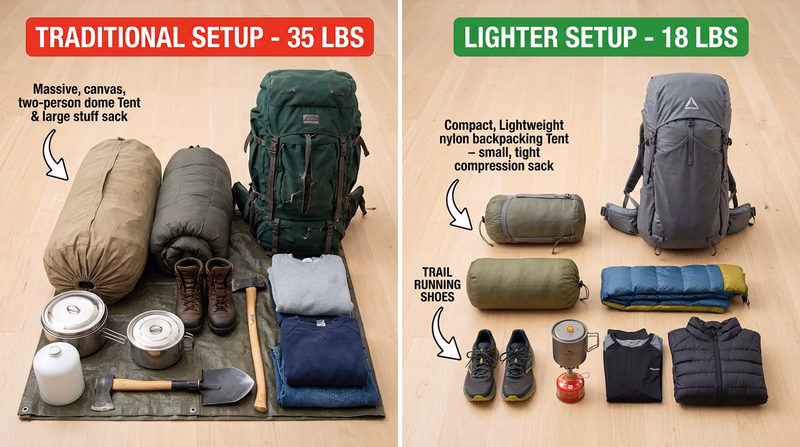 Side-by-side comparison of a heavy traditional backpack setup versus a lighter modern setup, with weight labels