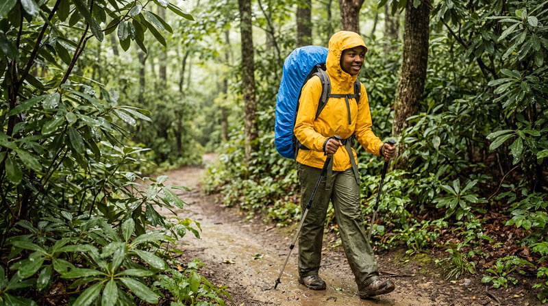 A Scout hiking along a forest trail in rain gear — waterproof jacket, pack cover, and gaiters — with rain falling through the tree canopy