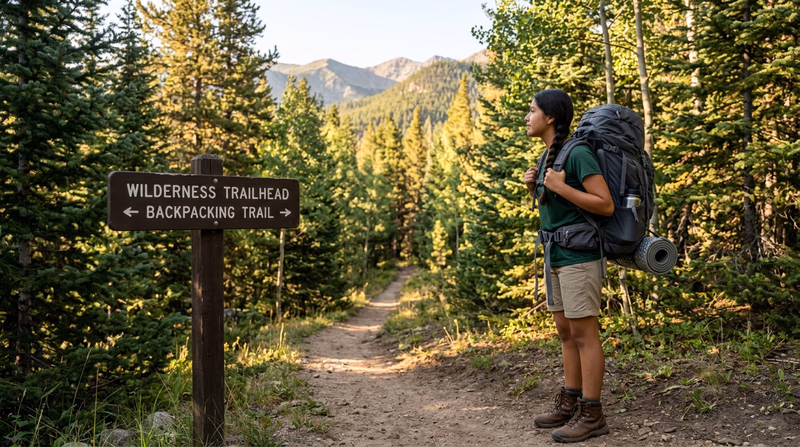 A Scout standing at a wilderness trailhead with a fully loaded backpack, looking out at a mountain trail stretching into the distance