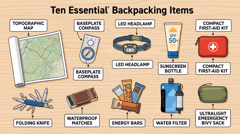A flat-lay arrangement of the ten essential backpacking items on a wooden surface: map, compass, headlamp, sunscreen, first-aid kit, knife, lighter, energy bars, water filter, and emergency shelter