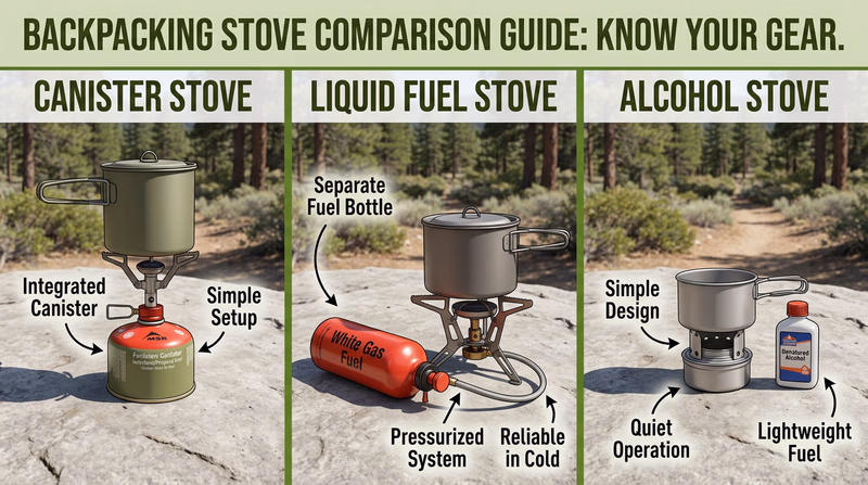 Three backpacking stoves arranged on a flat rock: a canister stove with fuel canister, a liquid fuel stove with fuel bottle, and a small alcohol stove with a fuel container