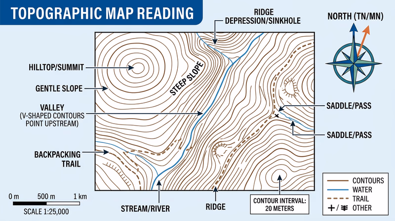 A section of a topographic map with labeled callouts pointing to contour lines, a summit, a valley, a ridge, a stream, a trail, and the contour interval in the legend
