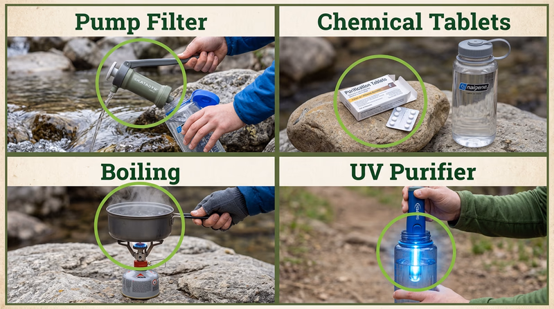 Four water treatment methods side by side: a pump filter, chemical tablets, a pot boiling on a stove, and a UV purifier in a water bottle