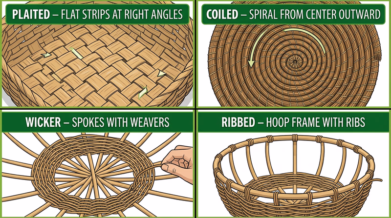 Four baskets in a 2x2 grid showing plaited, coiled, wicker, and ribbed styles, each clearly labeled