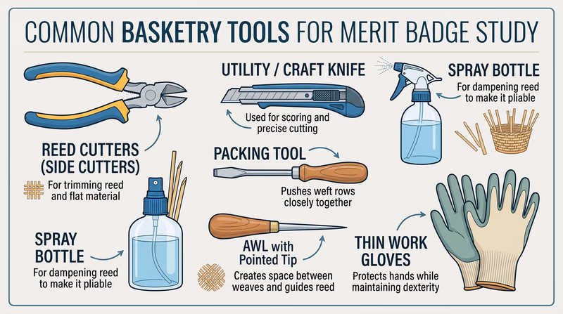 Common basketry tools laid out on a workbench — reed cutters, awl, craft knife, spray bottle, and packing tool — each labeled
