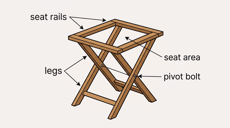A campstool wooden frame (X-frame style) with labeled parts — legs, seat rails, pivot bolt — showing where the woven seat will go