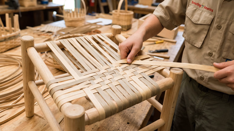 Close-up of hands weaving flat reed through the warp strips on a campstool frame, showing the tight over-under pattern