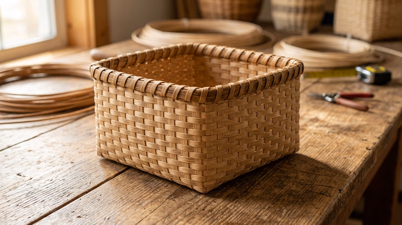 A completed square reed basket sitting on a table, showing clean weave and a neat rim finish