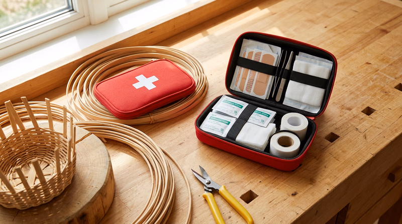 A small open first-aid kit on a work table next to basketry materials, showing bandages, tweezers, antiseptic wipes, and gauze