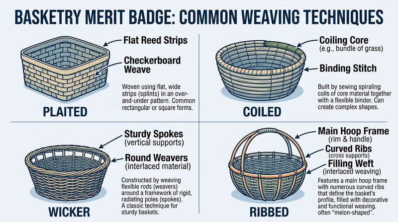 Four baskets arranged in a row showing plaited, coiled, wicker, and ribbed styles, each labeled