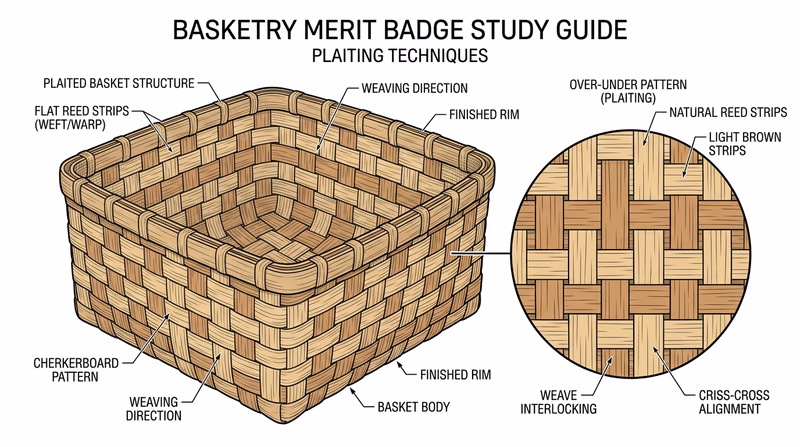 Close-up of a plaited basket showing the over-under checkerboard weave pattern with flat reed strips