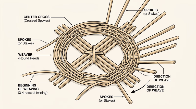Close-up of a round basket base showing spokes arranged in a cross pattern at the center, with the first few rows of weaving visible