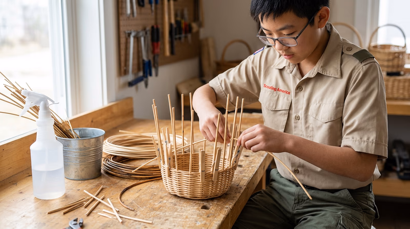 Hands weaving a round basket showing the curved walls rising from the base, with clothespins holding spokes in place