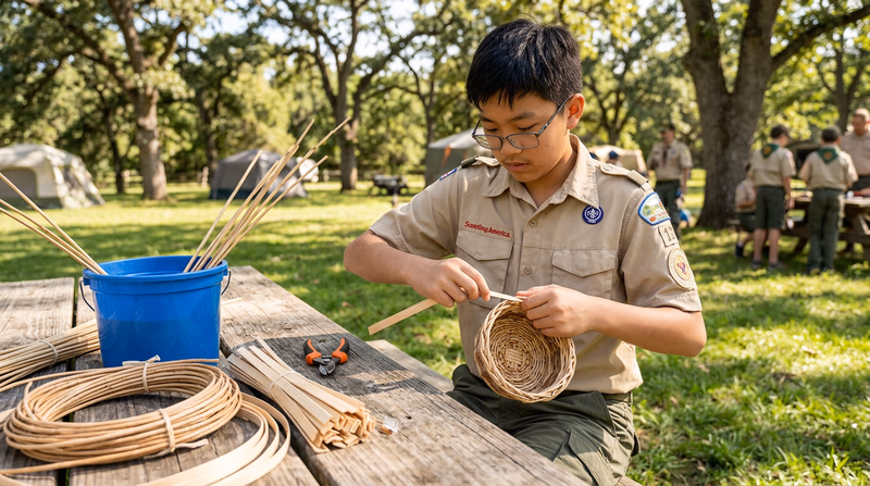A Scout sitting at a picnic table outdoors weaving a reed basket, with supplies like a bucket of water and reed bundles nearby