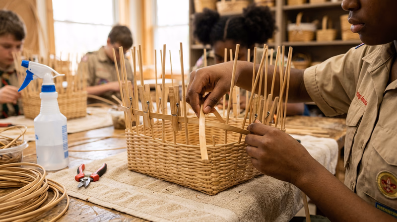 Hands weaving flat reed through upright stakes of a square basket in progress, showing the over-under pattern clearly