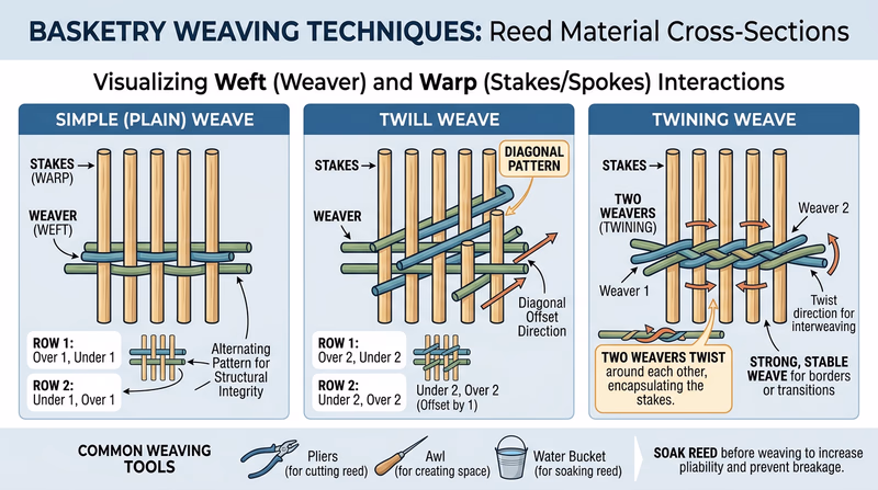 Three weave patterns shown side by side — simple (plain) weave, twill weave, and twining — each with a clear cross-section view and label