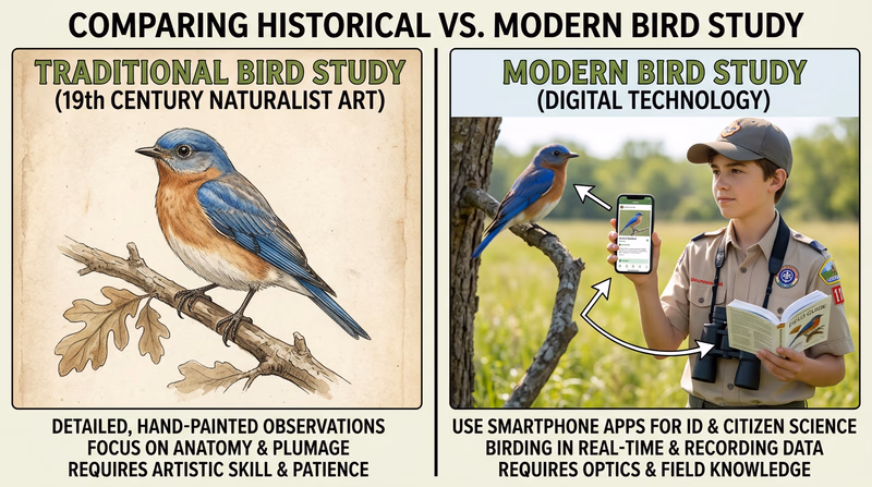 Split image showing a vintage Audubon-style bird illustration on the left and a modern birder using a smartphone app in the field on the right