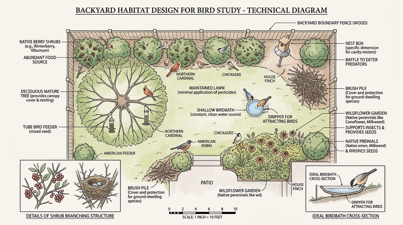 Illustrated overhead view of a backyard bird habitat with native shrubs, a birdbath, nest boxes, a brush pile, and shade trees