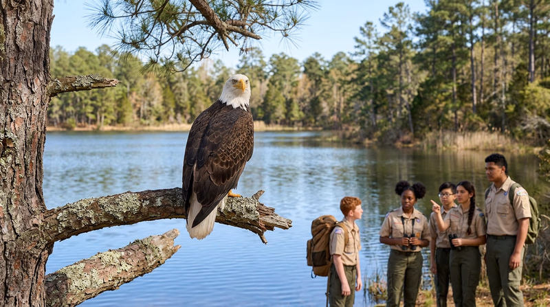 A Bald Eagle perched on a branch near a lake, symbolizing the species' recovery as an environmental success story