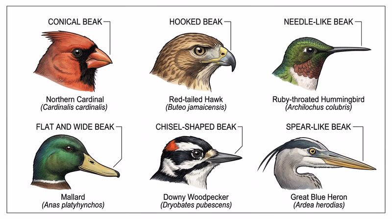 Illustrated comparison of six different beak types: conical (cardinal), hooked (hawk), needle-like (hummingbird), flat and wide (duck), chisel-shaped (woodpecker), and spear-like (heron)