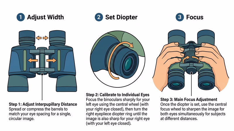 Three-panel diagram showing binocular adjustment steps: adjusting width, setting diopter, and focusing