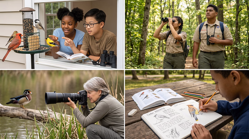 A four-panel montage showing different aspects of birding as a hobby: backyard feeder watching, field birding with binoculars, bird photography with a telephoto lens, and sketching birds in a nature journal