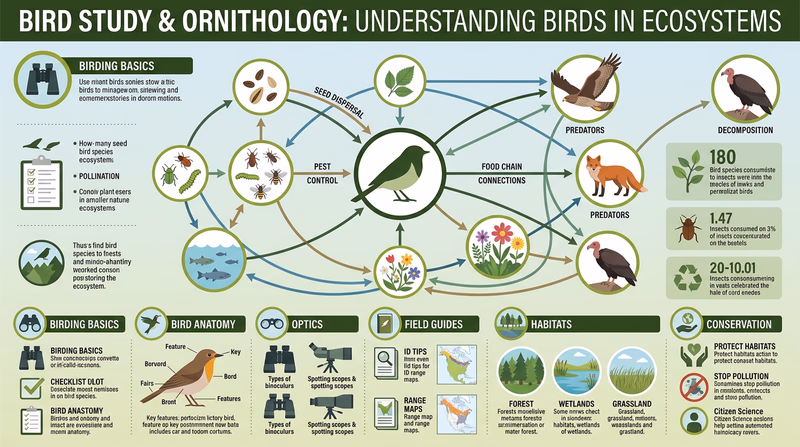 Infographic showing birds at the center of an ecosystem web with arrows connecting them to seeds, insects, plants, predators, and scavengers