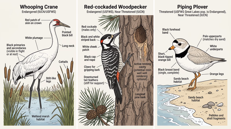 Three-panel illustration showing a Whooping Crane in wetland habitat, a Red-cockaded Woodpecker on a longleaf pine, and a Piping Plover on a sandy beach