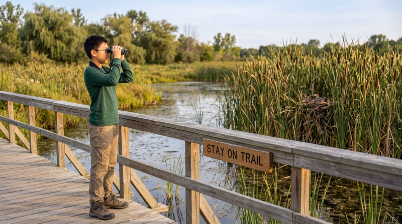 A Scout observing a nesting bird from a respectful distance using binoculars, staying on a boardwalk trail through a wetland